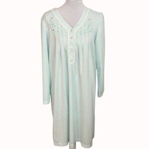 Miss Elaine Honeycomb Nightgown Size L Light Mint Green Long Sleeve Embroidered